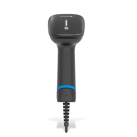 Dunkler Handheld-Barcode-Scanner mit blauen Akzenten und Kabel. Oben Logo.