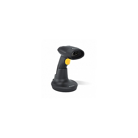 Ein schwarzer Barcodescanner mit gelbem Knopf, auf einer schwarzen Ladestation vor weißem Hintergrund.