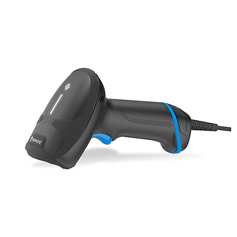 Schwarzer Barcode-Scanner mit blauem Akzent auf weißem Hintergrund.