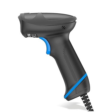 Schwarzer Barcode-Scanner mit blauem Auslöser und blauem Streifen. Ein Anschlusskabel hängt ab.
