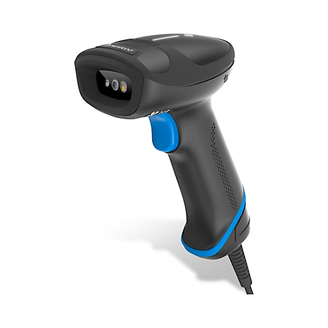 Schwarzer Barcode-Scanner mit blauem Knopf und Details. Das Gerät ist mit einem Kabel verbunden.