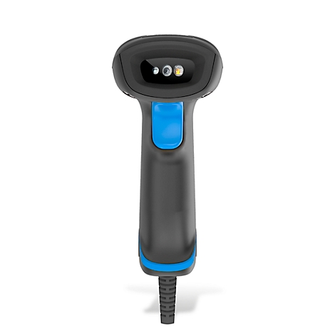 Schwarzer Barcode-Scanner mit blauem Auslöser und Akzenten. Er liegt auf weißem Hintergrund.
