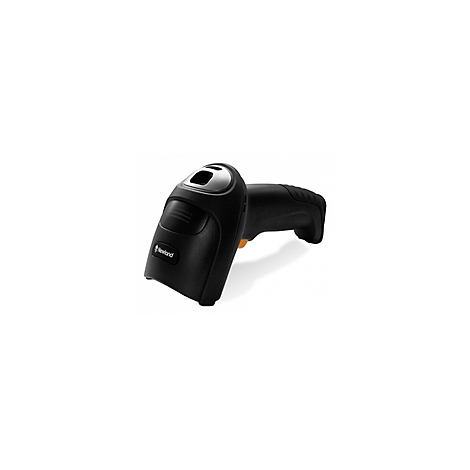 Schwarzer Barcode-Scanner mit silbernen Akzenten, Griff und Auslöser. Logo 'Newland'.