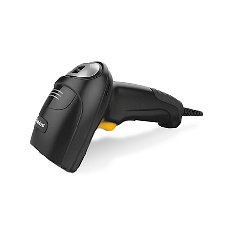Schwarzer Barcodescanner mit gelbem Knopf und silberner Oberseite, auf weißem Grund.