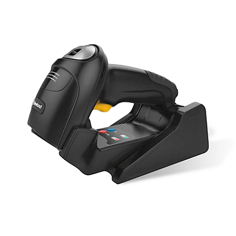 Schwarzer Barcodescanner mit Ladestation. Der Scanner hat Knöpfe in Rot, Blau und Grün.