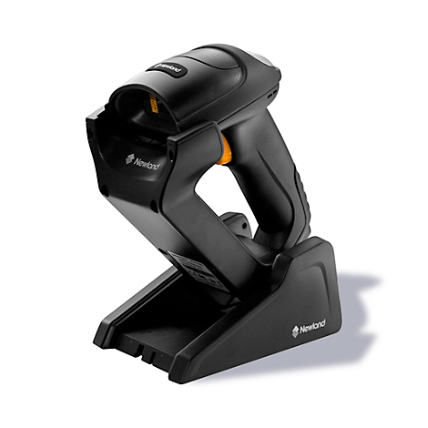 Schwarzer Barcode-Scanner in Halterung. Der Scanner und die Halterung haben das Newland-Logo.