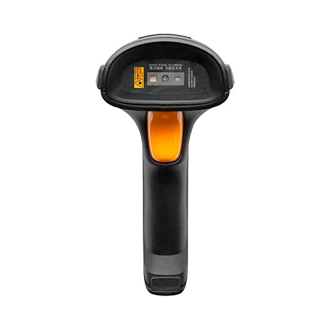 Ein schwarzer Barcode-Scanner mit gelben Akzenten in einer Halterung.