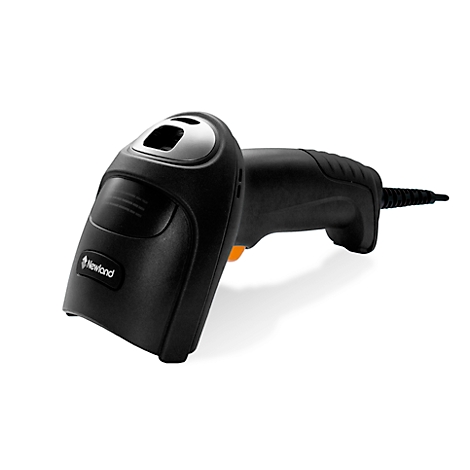 Ein schwarzer Barcode-Scanner von Newland liegt auf einer weißen Oberfläche. Er ist für den Einsatz in Einzelhandel und Lager konzipiert.