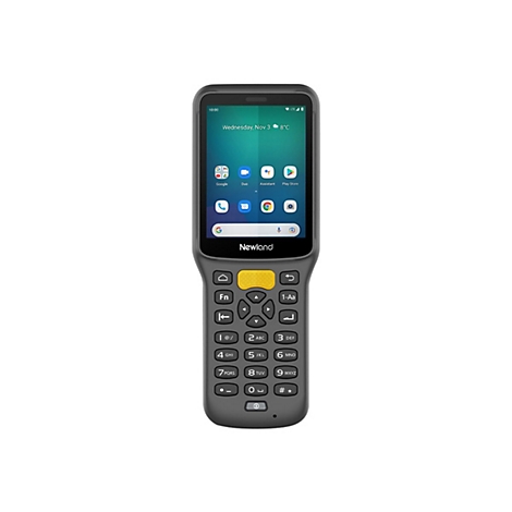 Grauer Handheld-Scanner, gelbe Tasten, Bildschirm mit Google-Apps und Datum.