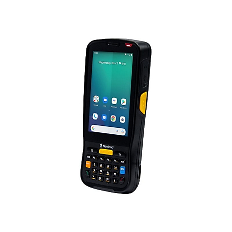 Schwarzes mobiles Datenerfassungsgerät mit gelben Akzenten und Display mit App-Symbolen. Tag, Zeit und Temperatur sind sichtbar.