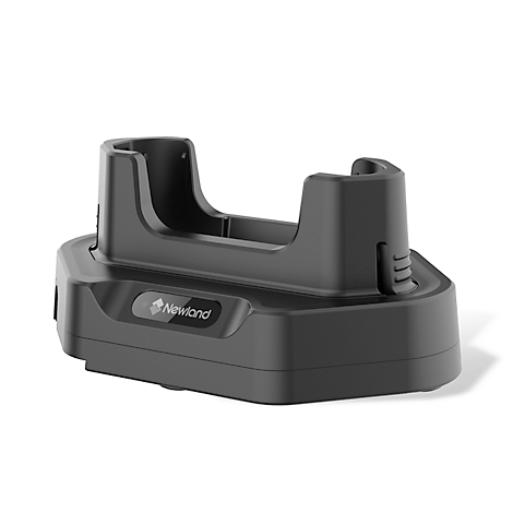 Black charging station for a scanner. The Newland logo is on the front. There are two brackets above the housing.