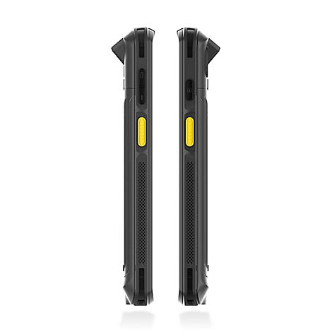 Vue arrière d'un smartphone robuste en anthracite avec des accents jaunes. Un scanner et une caméra sont visibles.