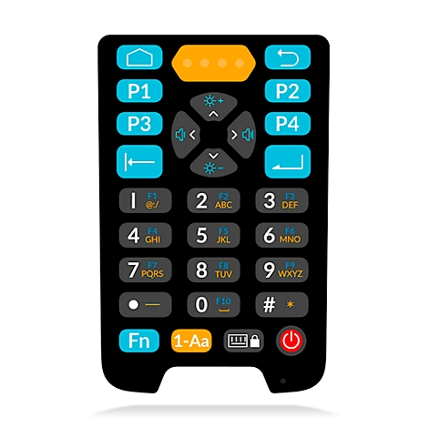 Télécommande noire avec des boutons bleus et orange. Des lettres, des chiffres et des symboles sont représentés sur les boutons.