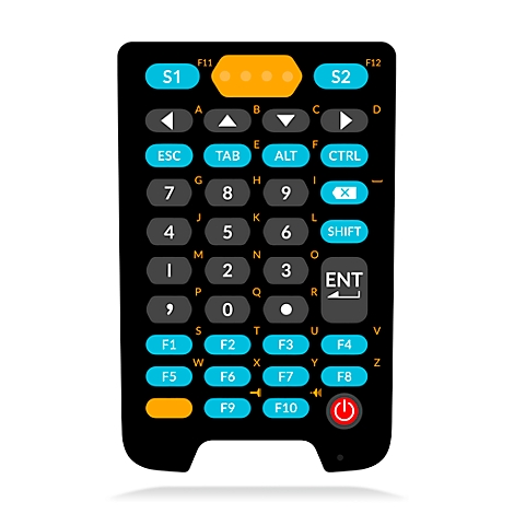 Schwarze Tastatur mit blauen und orangen Tasten und weißen Buchstaben. Enthält: Buchstaben, Zahlen, Funktionstasten, Pfeiltasten und Power-Taste.