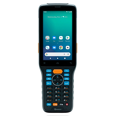 Detailliertes Foto eines schwarzen Barcode-Scanners mit orangefarbenen Akzenten. Auf dem Display ist eine App-Anordnung zu sehen.