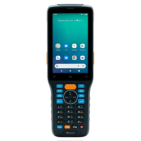 Schwarz-graues Smartphone mit orangefarbenen Akzenten, Bildschirm mit App-Symbolen. Unter dem Bildschirm befindet sich eine Tastatur mit Zahlen und Sondertasten.