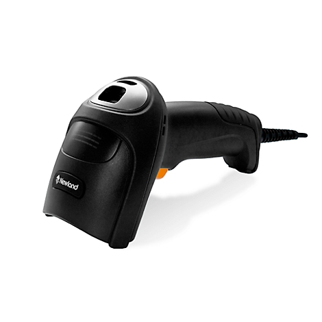 Schwarzer Barcode-Scanner, erkennbar durch Newland-Logo und graues Feld. Liegt auf weißem Hintergrund.