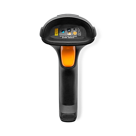 Schwarzer Barcode-Scanner mit orangem Griff und Details.