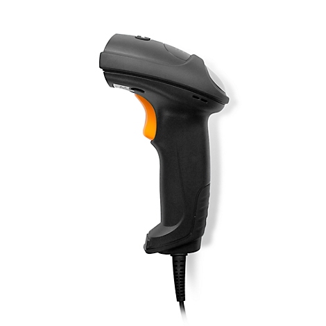 Schwarzer Barcode-Scanner mit gelbem Knopf und Öffnungen. Aufschrift: DO NOT STARE INTO BEAM.