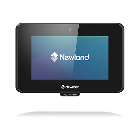 Tablette noire avec logo Newland sur l'écran, coins arrondis et module caméra. Écran lumineux sur fond blanc.