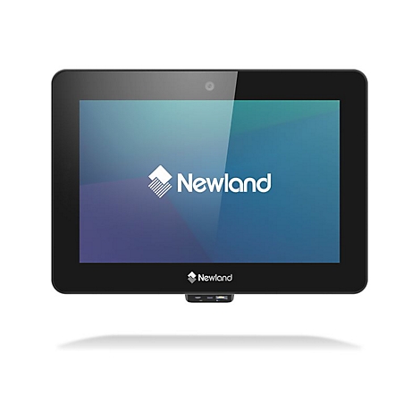 Schwarzes Tablet mit Newland-Logo auf dem Bildschirm. Oben Kamera, unten Barcode-Scanner.
