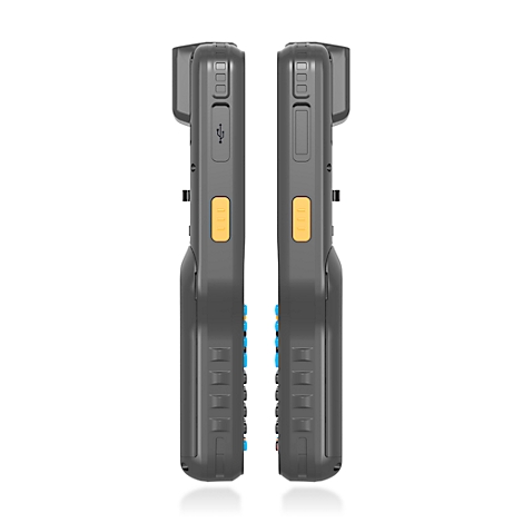 Deux scanners portables gris côte à côte, montrant les côtés avec des boutons, un port USB et des accents bleus.