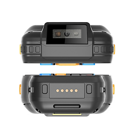 Scanner portable avec écran tactile et clavier, gris et orange. L'écran affiche des icônes, dont la recherche Google.