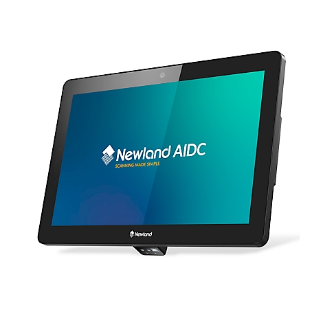 Schwarzes Tablet mit Newland AIDC Logo. Blauer, grüner Hintergrund. Kamera oben, USB-Anschluss unten.