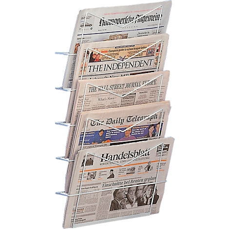 Newspaper rack with five newspapers: Hannoversche Allgemeine, The Independent, Wall Street Journal, Daily Telegraph, Handelsblatt.