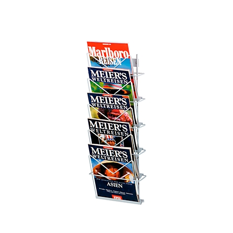 A wall magazine rack with several magazines. The magazines say 'Marlboro Reisen' and 'Meiers Weltreisen'.