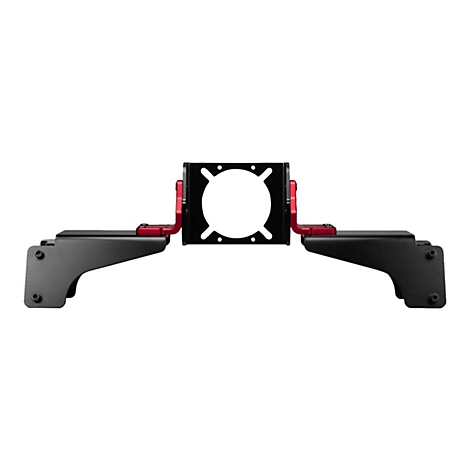 Schwarze Metallhalterung mit roter Gelenkverbindung und zentraler, runder Montageplatte vor weißem Hintergrund.