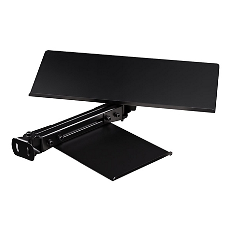 Schwarze, verstellbare Tastaturablage mit Metallarm vor weißem Hintergrund.