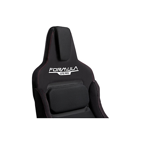 Nahaufnahme der schwarzen Rückenlehne eines Formula Lite Pro Rennsitzes mit roter Naht und weißem Logo.