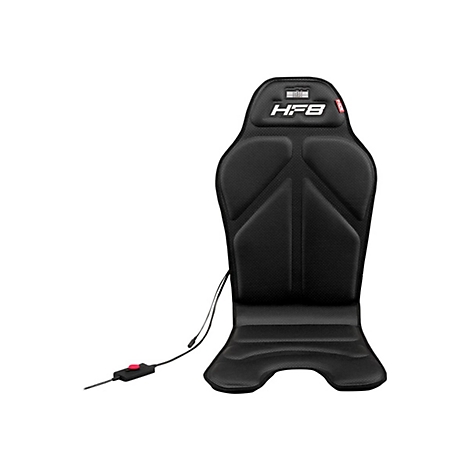 Schwarze haptische Feedback-Sitzauflage Next Level Racing HF8 mit Kabelfernbedienung vor weißem Hintergrund.