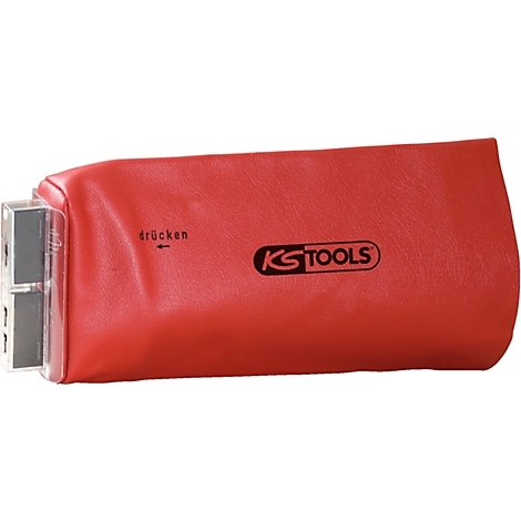 Rotes Werkzeugcase mit KS TOOLS Logo, „drücken“ Beschriftung und transparentem Verschluss.