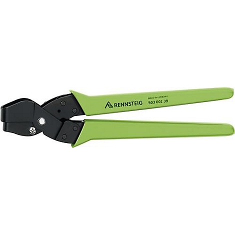 Krimptang met zwarte bekken en groene handvatten. Op de handgreep staat 'RENNSTEIG'.