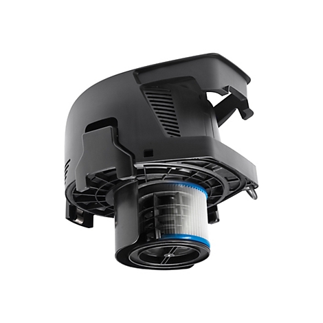 Detailaufnahme eines schwarzen Staubsaugergehäuses mit einem Filter in den Farben Weiß, Blau und Schwarz vor weißem Hintergrund.