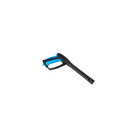 Schwarze Hochdruckreiniger-Pistole mit blauem Griffstück vor weißem Hintergrund.