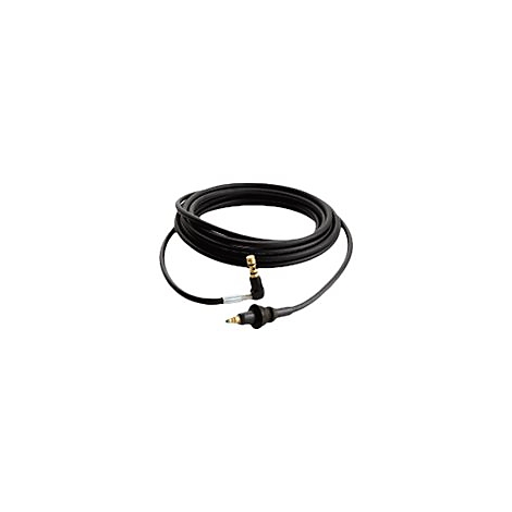 Aufgerolltes schwarzes Kabel mit einem abgewinkelten goldenen Klinkenstecker und einem geraden Stecker.