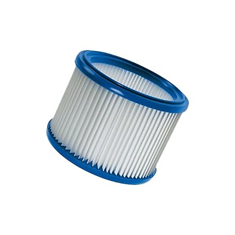 Ein zylindrischer Poolfilter mit weißem Faltenpapier und blauen Kunststoff-Endkappen vor weißem Hintergrund.