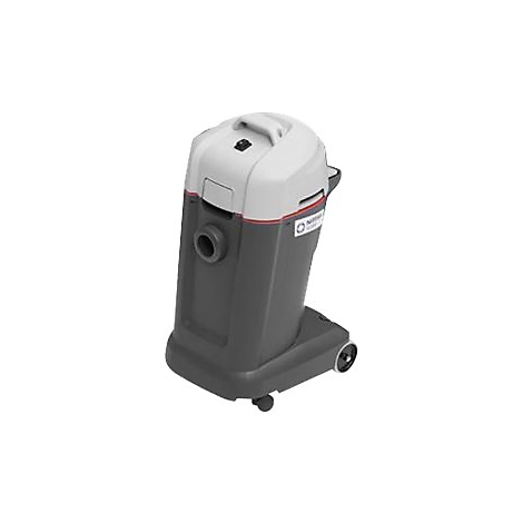 Grauer Staubsauger mit Griff und Rädern. In der Ecke ist ein kreisförmiges Loch zu sehen.