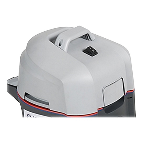 Grauer Staubsauger-Deckel mit Tragegriff und Schalter. Roter und blauer Zierstreifen am Rand.