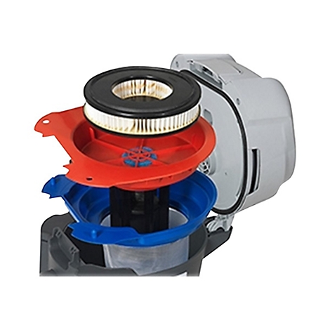 Explosionszeichnung eines Luftfilters. Verschiedene farbige Teile sind abgebildet: Rot, Blau, Schwarz und Weiß.