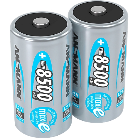 Two gray batteries with black lids, blue accents, and the inscription "ANSMANN". Inscription "8500 mAh" and "max e".
