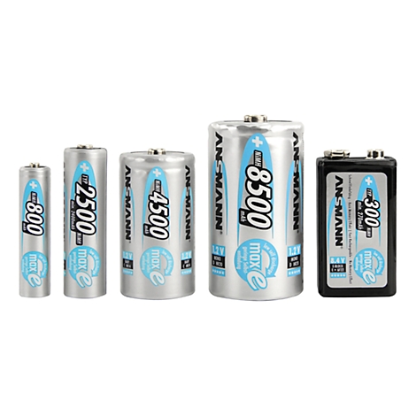Various types of rechargeable batteries against a white background. Sizes and capacities clearly visible.