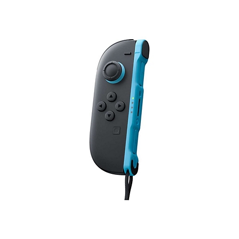Ein schwarzer Joy-Con Controller mit blauem Rand, Steuerkreuz und Handgelenkschlaufe vor weißem Hintergrund.