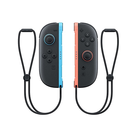 Zwei schwarze Nintendo Switch Joy-Con Controller mit Handschlaufen, einer mit blauer, einer mit roter Seitenkante.