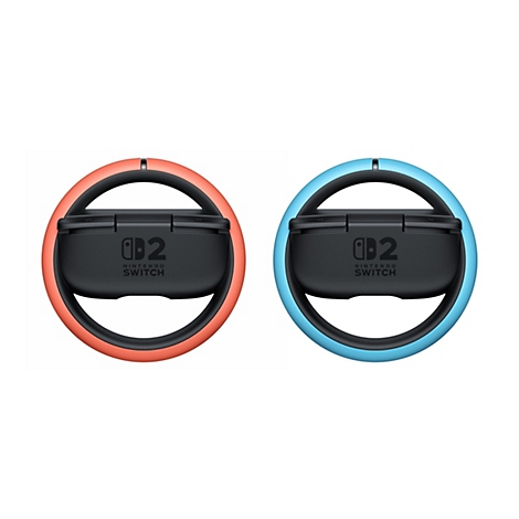 Zwei Nintendo Switch Lenkradaufsätze für Joy-Cons, einer in Koralle, einer in Blau.