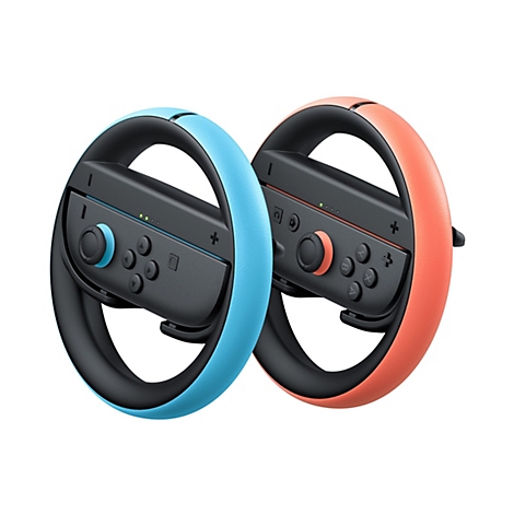 Zwei Nintendo Switch Lenkrad-Aufsätze in Blau und Rot mit eingesetzten Joy-Cons vor weißem Hintergrund.