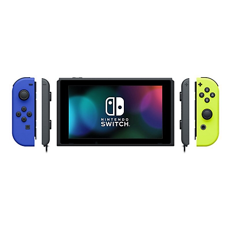 Nintendo Switch Konsole mit blauem linkem und neongelbem rechtem Joy-Con Controller vor weißem Hintergrund.